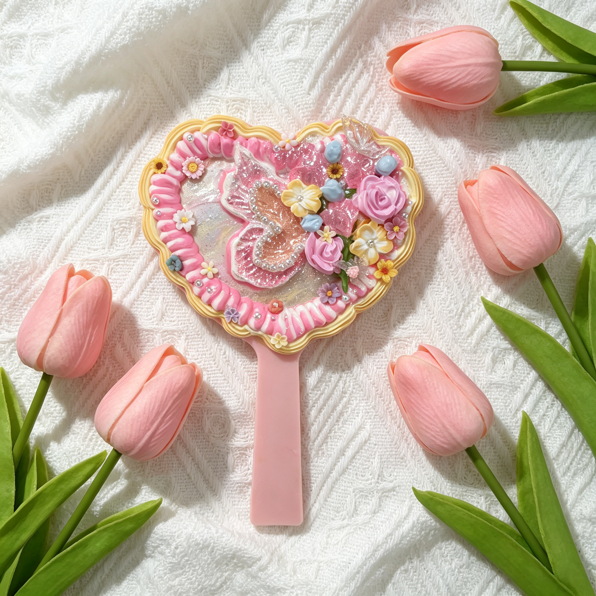 Pink Butterfly Heart Decoden Hand Mirror