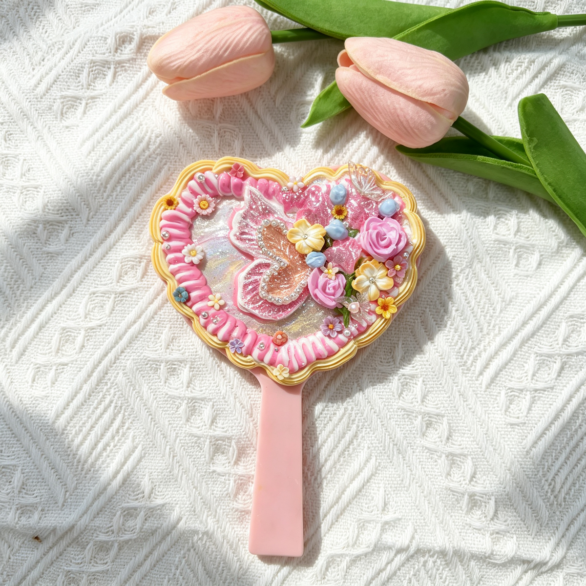 Pink Butterfly Heart Decoden Hand Mirror