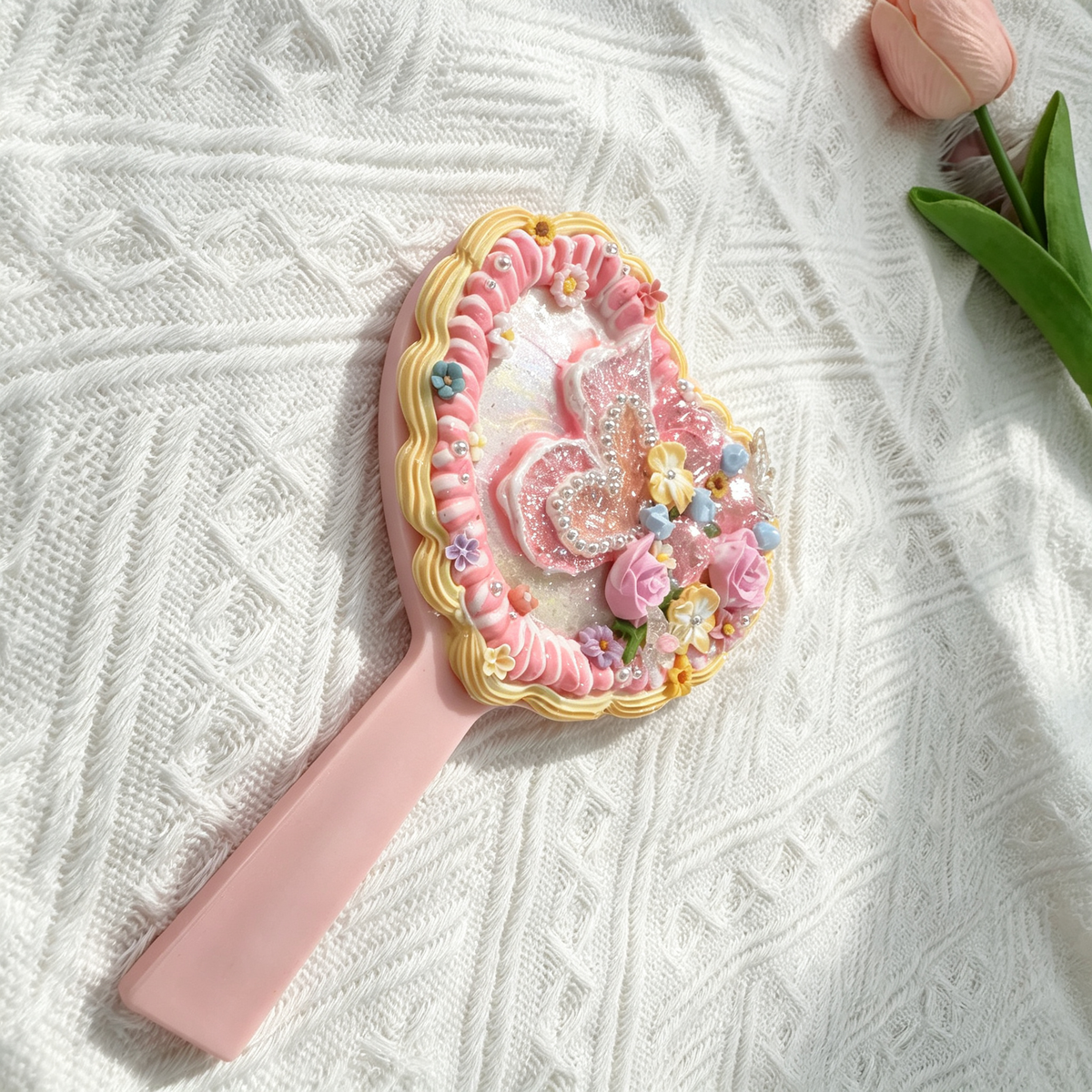 Pink Butterfly Heart Decoden Hand Mirror