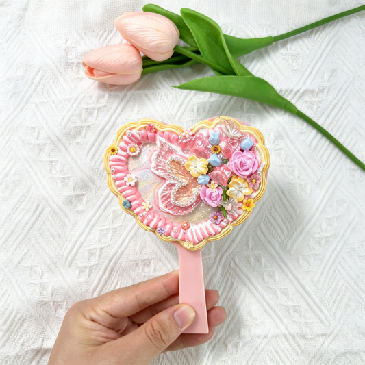 Pink Butterfly Heart Decoden Hand Mirror