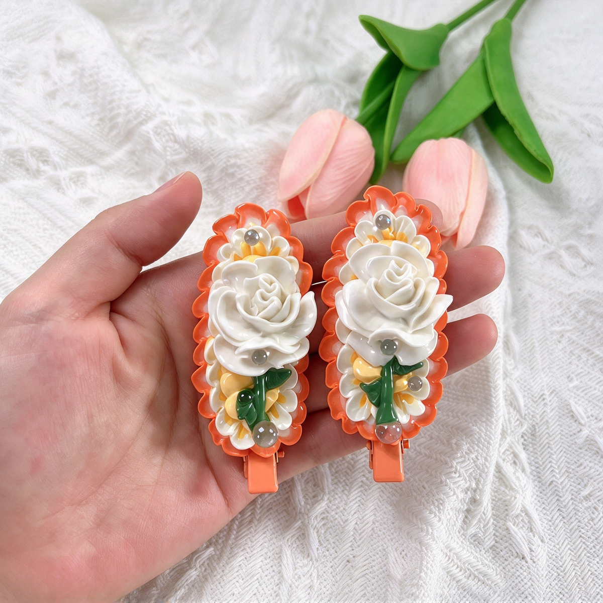 Orange White Rose Decoden Hair Clips Set