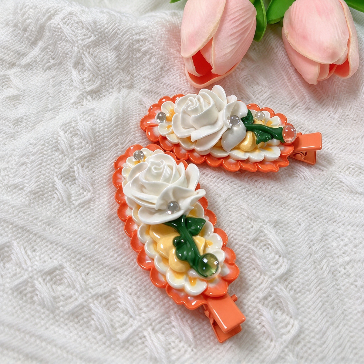 Orange White Rose Decoden Hair Clips Set