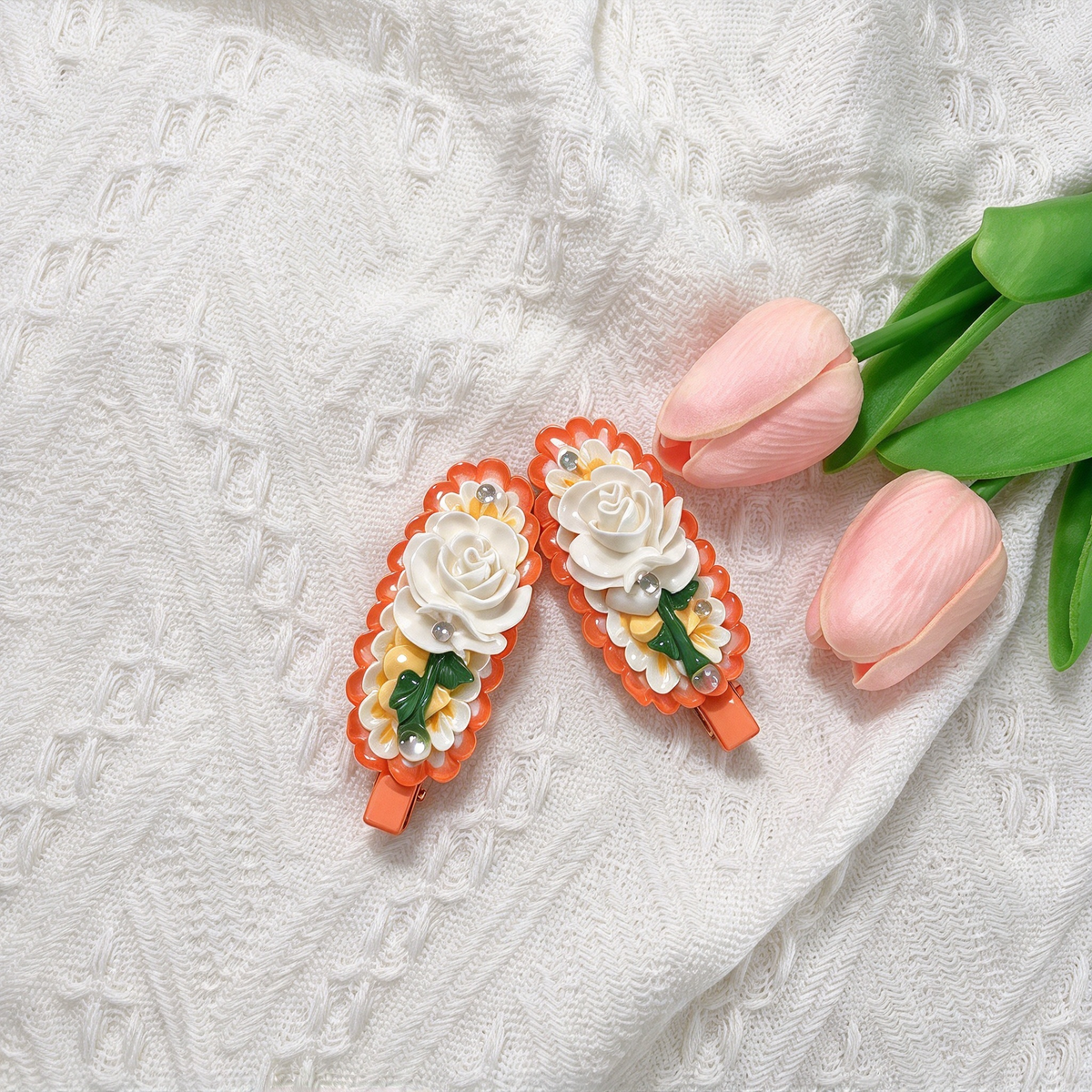 Orange White Rose Decoden Hair Clips Set